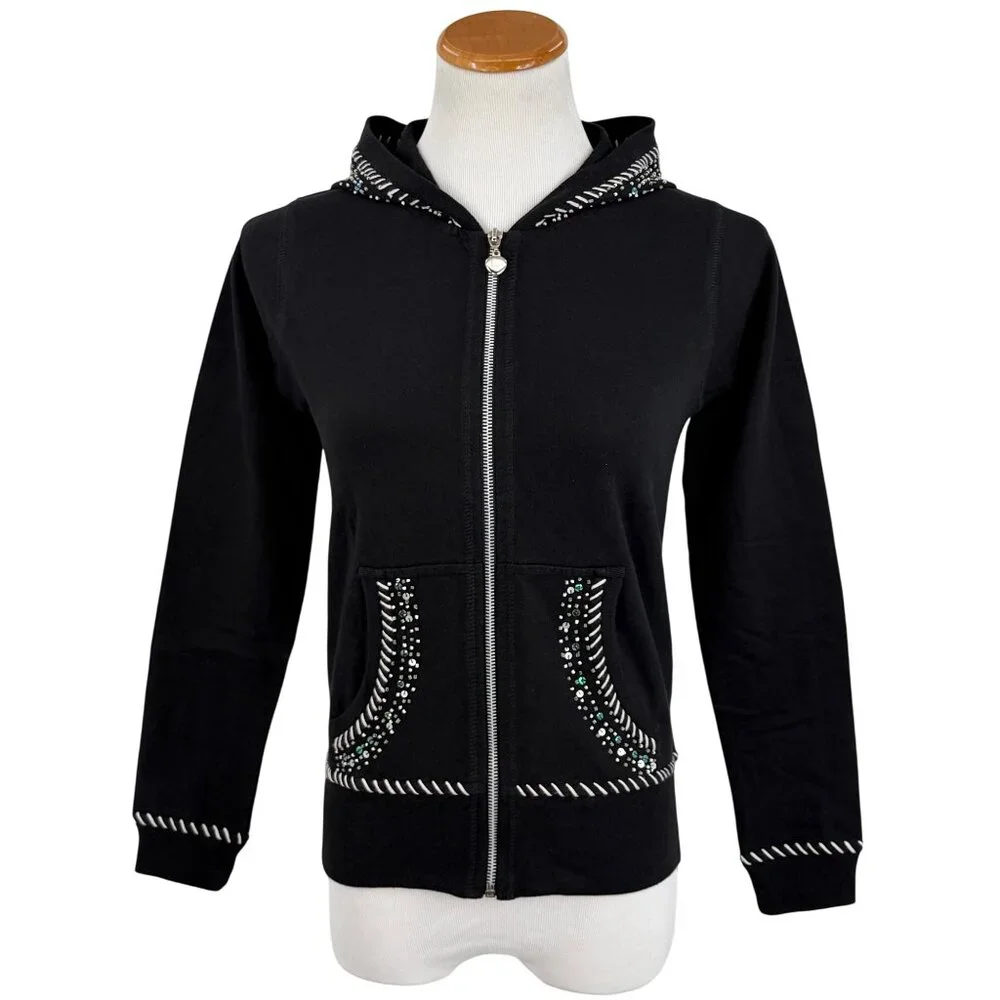 Vtg 90s Black Embroidered Sequin Beaded Zip Up Hoodie | Y2K Skater Grunge Retro - Picture 2 of 16